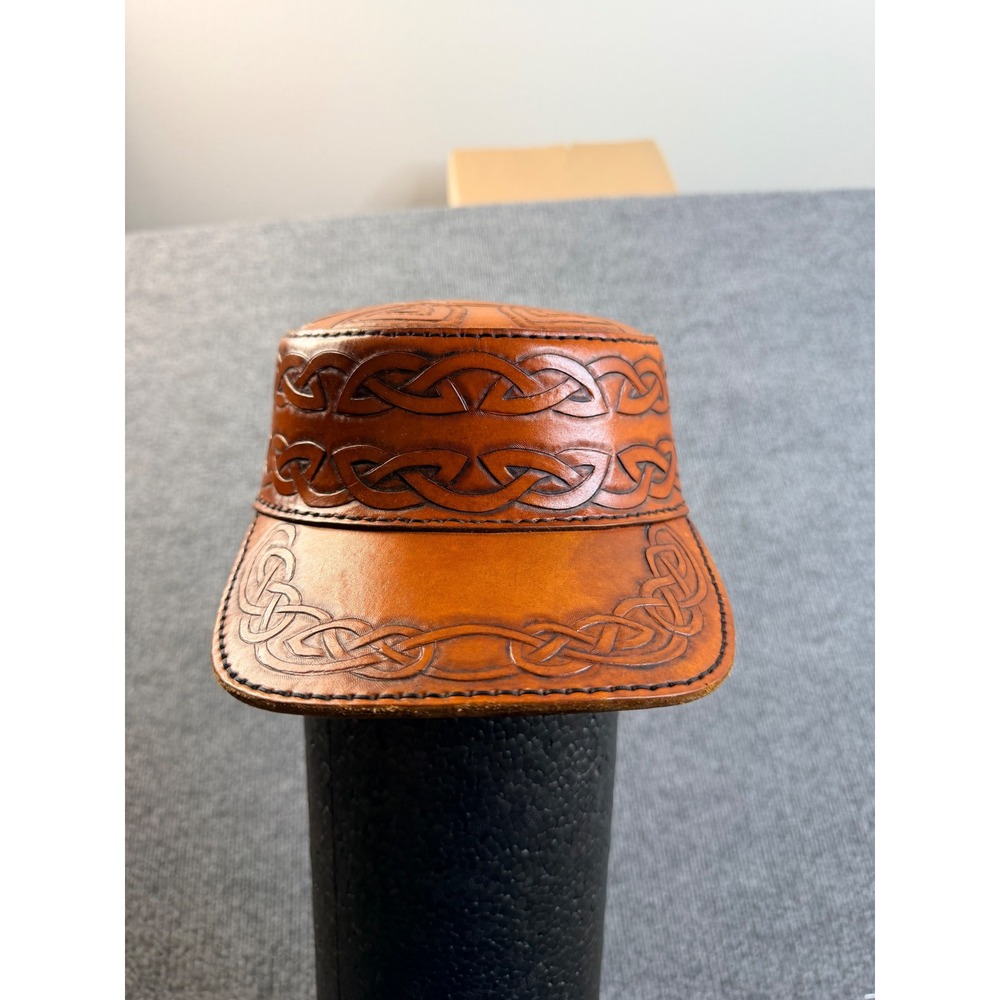Handmade Leather Celtic Knot Cadet Hat Brown Embossed Adjustable Biker Cap Mens